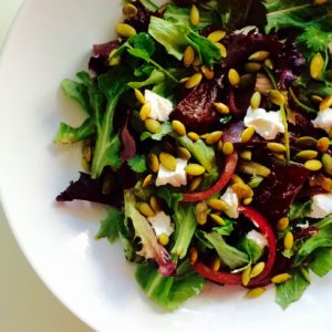 ROASTED RED PEPPERS & GOAT CHEESE SALAD WITH BASIL DRESSING