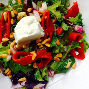 ROASTED RED PEPPERS & GOAT CHEESE SALAD WITH BASIL DRESSING