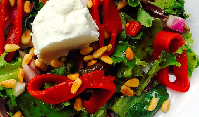 ROASTED RED PEPPERS & GOAT CHEESE SALAD WITH BASIL DRESSING