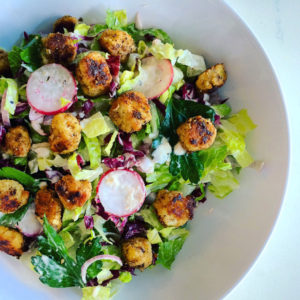 SPICY CAESAR SALAD WITH CHICKEN CROUTONS